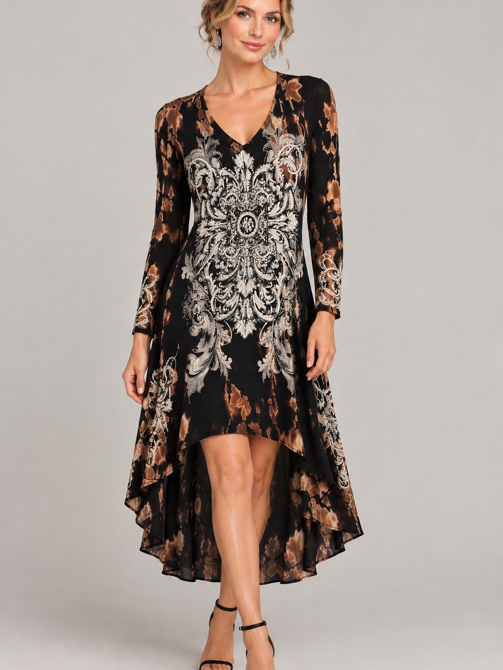 Vocal Black and Brown Long-Sleeve V-Neck Dress with White and silver medallion